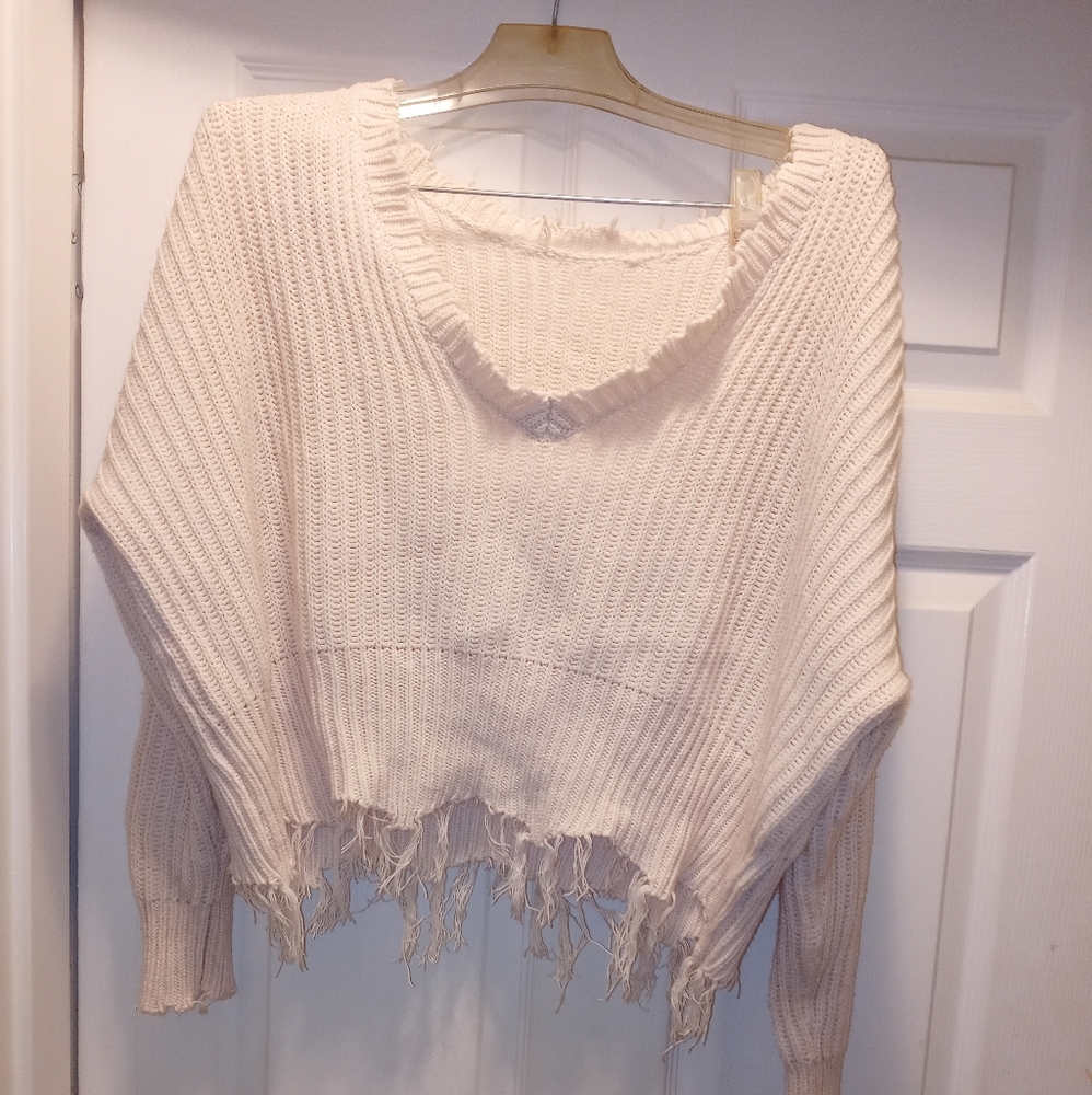 Distressed Crop Sweater Size Large White